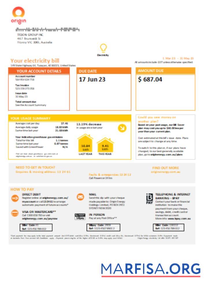 Downloadable New South Wales (NSW) Origin electricity utility business bill, SCR, page 1 real example
